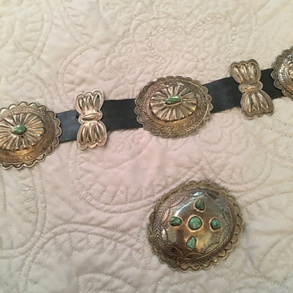 Vintage 1960s Navajo Sterling Stamped Domed Handmade 11 Pc Concho Belt Turquoise - Picture 8 of 12